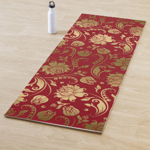 Tapis De Yoga Modèle or et rouge foncé de Damas florales