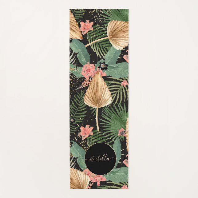 Tapis De Yoga Moderne Tropical Green Palm Flowers Monogramme Noi (Devant)