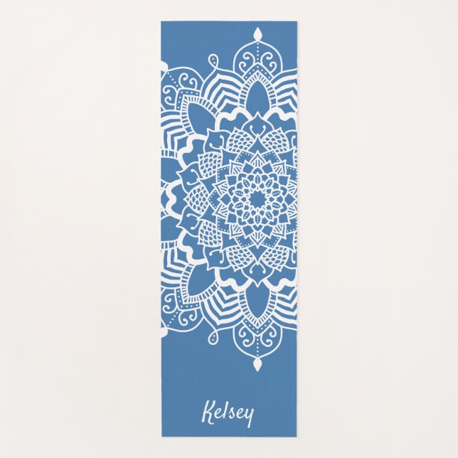 Tapis De Yoga Monogramme blanc & bleu Mandala Motif Yoga Mat (Devant)