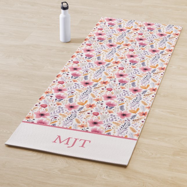 Tapis De Yoga Monogramme Boho Fleurs sauvages rose violet orange (En situation)