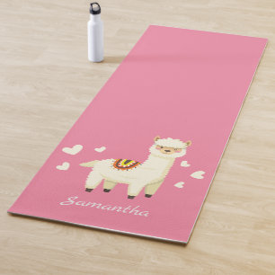 Tapis De Yoga Monogramme Cute Funny Alpaca Llama en rose