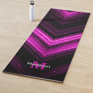 Tapis De Yoga Monogramme de chevron magenta rose brillant métall