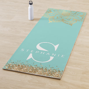 Tapis De Yoga Monogramme de mandala zen turquoise