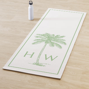 Tapis De Yoga Monogramme de palmier palmetto vert et blanc