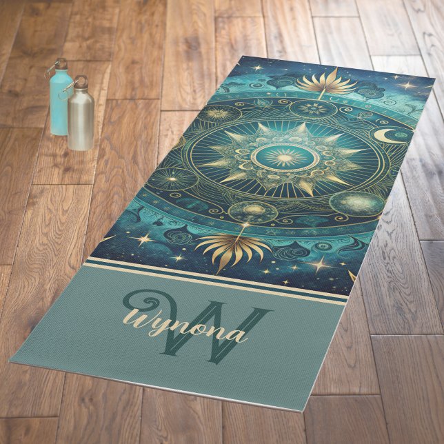 Tapis De Yoga Monogramme d'or Turquoise de la galaxie de Mandala (Créateur téléchargé)