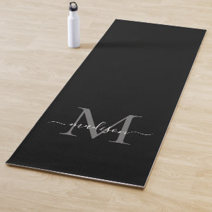 Tapis De Yoga Monogramme gris noir moderne Élégant Script fémini