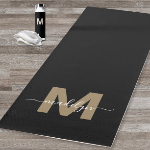 Tapis De Yoga Monogramme Initial Nom Or Noir Moderne Élégant