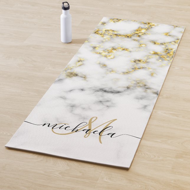 Tapis De Yoga Monogramme noir blanc marbre or brillant (En situation)