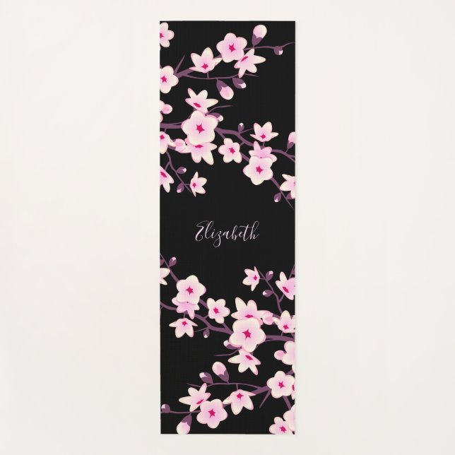 Tapis De Yoga Monogramme noir rose Fleur de cerisier (Devant)