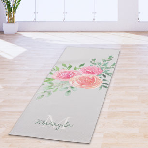 Tapis De Yoga Monogramme Nom Aquarelle Floral Gris