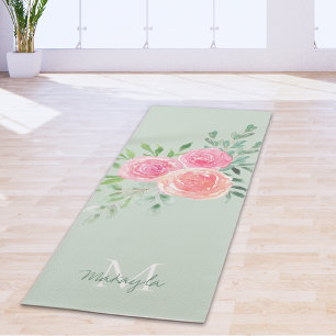 Tapis De Yoga Monogramme Nom Aquarelle Floral Vert