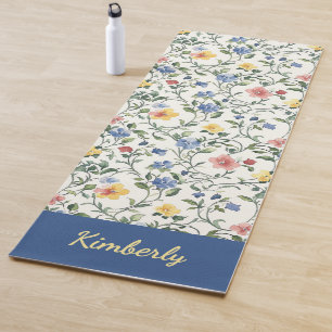 Tapis De Yoga Monogramme Nom Fleur Sauvage Aquarelle Bleu Jaune