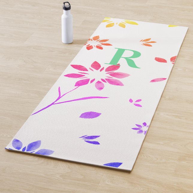 Tapis De Yoga Monogramme rose Lilac jaune Turquoise aquarelle fl (En situation)