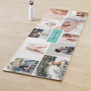 Tapis De Yoga Monogramme Turquoise sur une face Famille Collage 