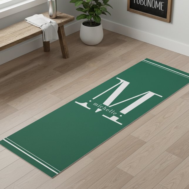 Tapis De Yoga Monogramme vert foncé et blanc minimal (Créateur téléchargé)