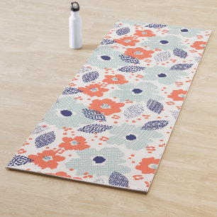Tapis De Yoga Motif à fleurs moderne orange et bleu