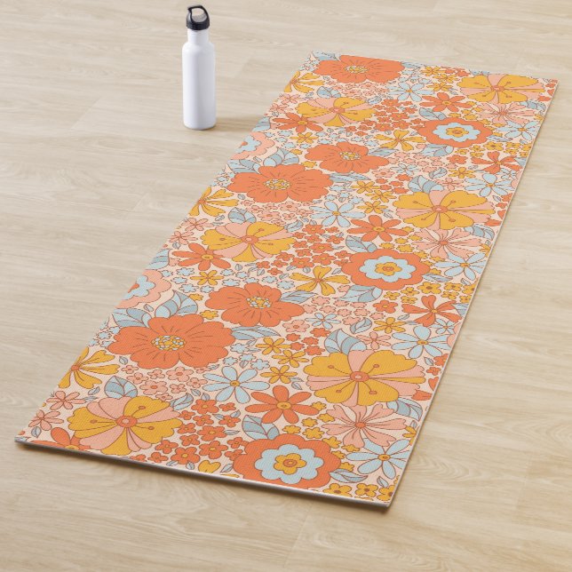 Tapis De Yoga Motif à fleurs Orange Retro (En situation)