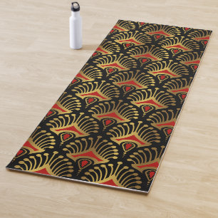 Tapis De Yoga Motif Art déco or et rouge sur noir