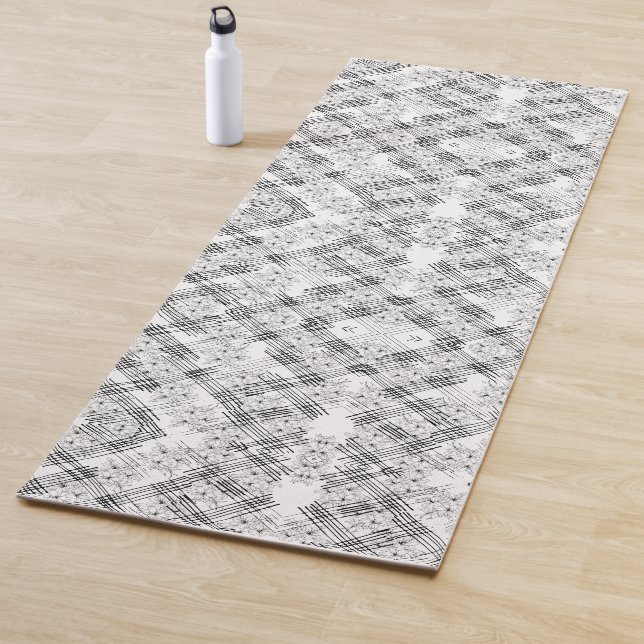 Tapis De Yoga Motif chic noir et blanc rayures et fleurs (En situation)