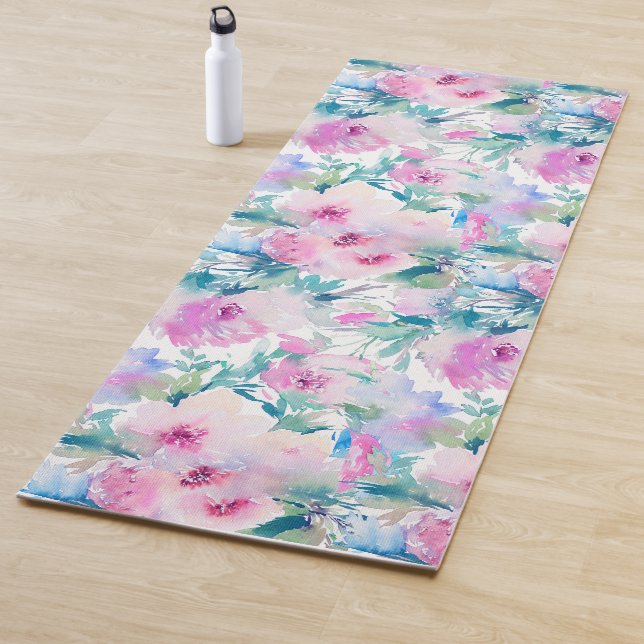 Tapis De Yoga Motif de collage de fleurs rose et bleue (En situation)