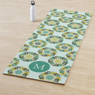 Tapis De Yoga Motif de fleur moderne sarcelle vert monogramme