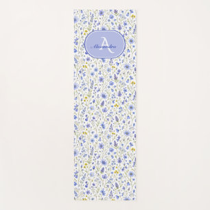 Tapis De Yoga Motif de fleur sauvage aquarelle bleue nom personn