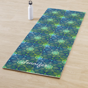 Tapis De Yoga Motif de Mandala Floral Vert sur bleu marine