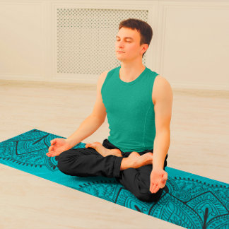 Tapis De Yoga Motif de mandala noir bleu orné