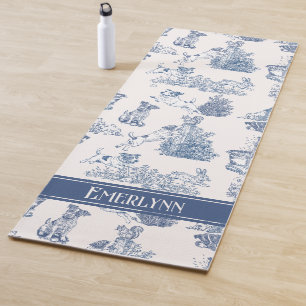 Tapis De Yoga Motif de monogramme de chien en toile de Jouy bleu