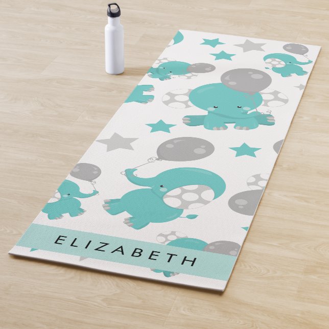 Tapis De Yoga Motif Des Eléphants Bleus, Étoiles, Votre Nom (En situation)