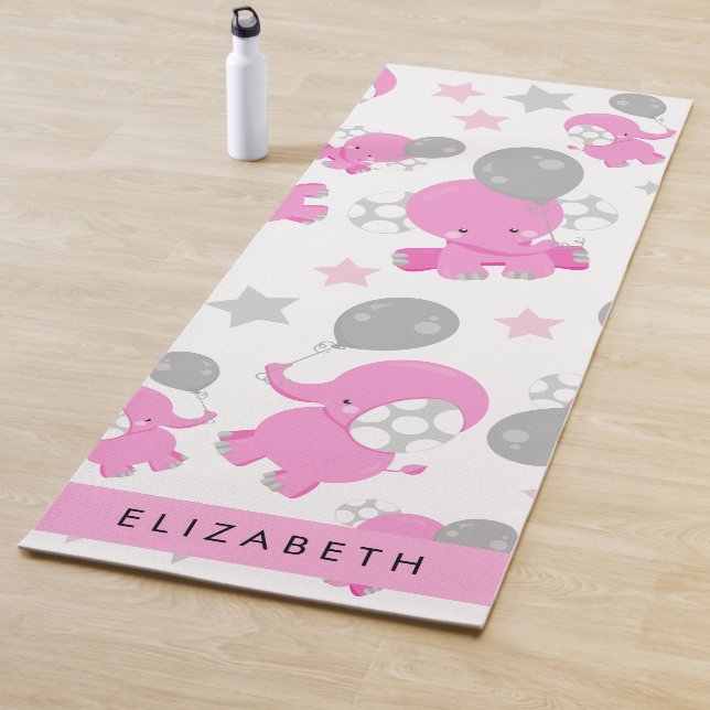 Tapis De Yoga Motif Des Eléphants Roses, Étoiles, Votre Nom (En situation)