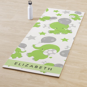 Tapis De Yoga Motif Des Eléphants Verts, Étoiles, Votre Nom
