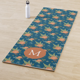 Tapis De Yoga Motif Fleur de Pêche Vintage Monogramme Bleu Foncé