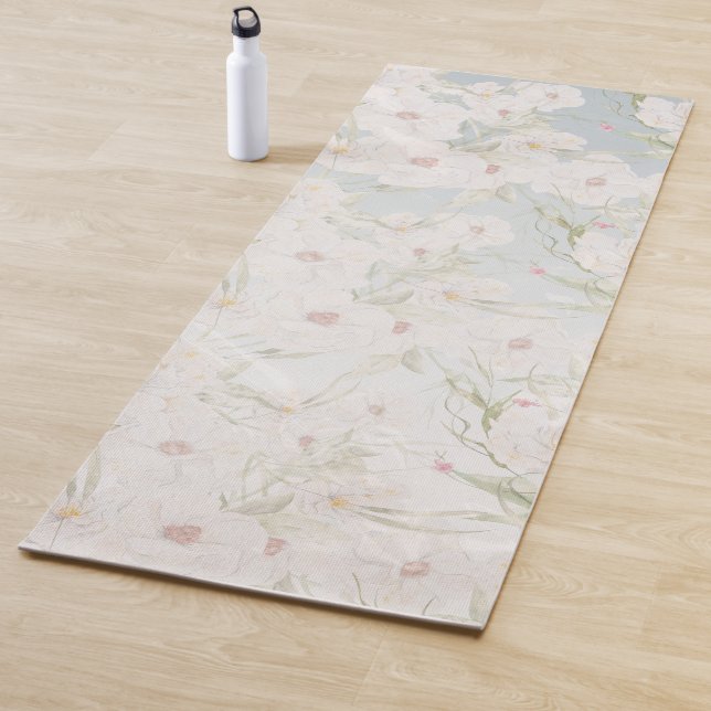 Tapis De Yoga Motif floral blanc doux (En situation)