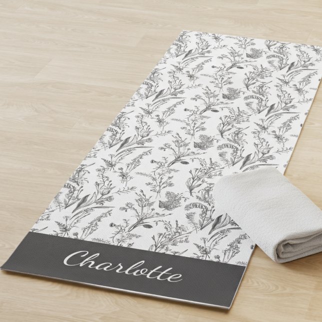 Tapis De Yoga Motif floral de toile noir blanc nom personnalisé (black and white minimalist toile pattern stemless yoga mat with custom name for gift for her)