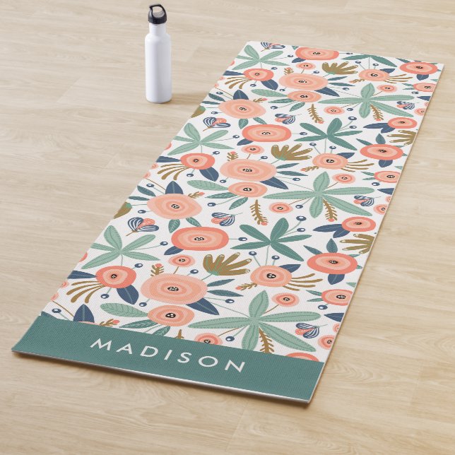 Tapis De Yoga Motif floral moderne Blush & Coral Mint (En situation)