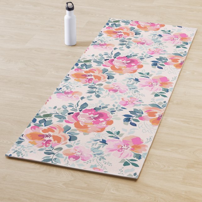 Tapis De Yoga Motif rose et Turquoise (En situation)