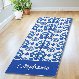Tapis De Yoga Motif Toile de Jouy Bleue Nom Personnalisé
