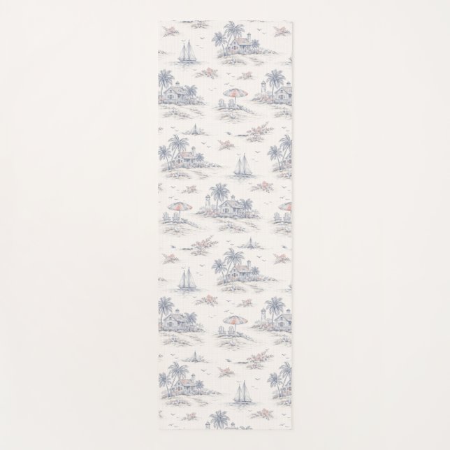 Tapis De Yoga Motif Toile de Jouy Tropical Bleu Côté Mer (Devant)