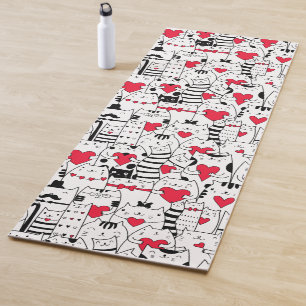 Tapis De Yoga Noir Blanc Cute Chat Coeur Rouge