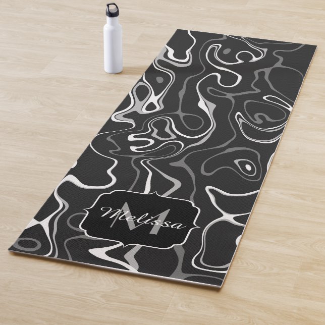 Tapis De Yoga Noir blanc gris damas tourbillons abstraits Monogr (En situation)