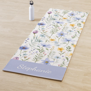 Tapis De Yoga Nom aquarelle de fleur sauvage bleue violette élég