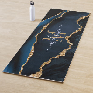 Tapis De Yoga Nom du monogramme Agate Marine Bleu Gold Gemstone 