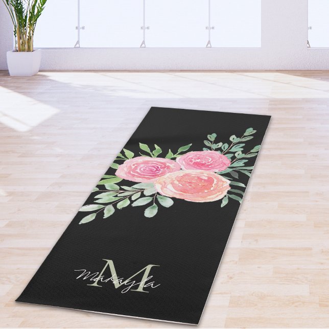 Tapis De Yoga Nom du monogramme Aquarelle Florale Noire (Créateur téléchargé)