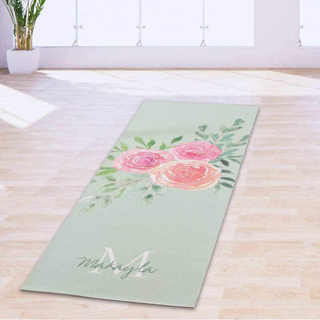 Tapis De Yoga Nom du monogramme Aquarelle Florale Vert (Créateur téléchargé)