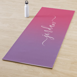 Tapis De Yoga Nom du script blanc dégradé rose à pourpre minimal