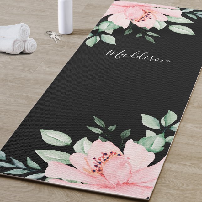Tapis De Yoga Nom floral personnalisé (Black And Pink Flower Yoga Mat)