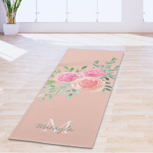 Tapis De Yoga Nom Monogramme Aquarelle Floral Rose