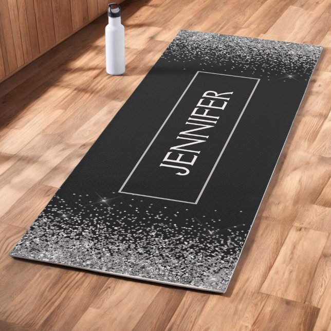 Tapis De Yoga Nom Monogramme Pailleté Strass Argent Noir (Créateur téléchargé)