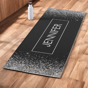 Tapis De Yoga Nom Monogramme Paillettes Étincelles Noir Argent